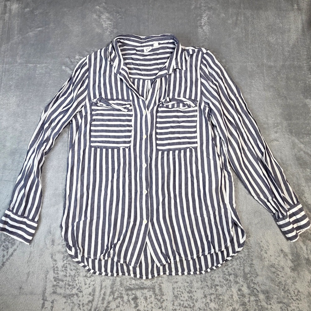 Gap Womens sz small V-Drapey utili Navy Stripe Grey and‎ white button up